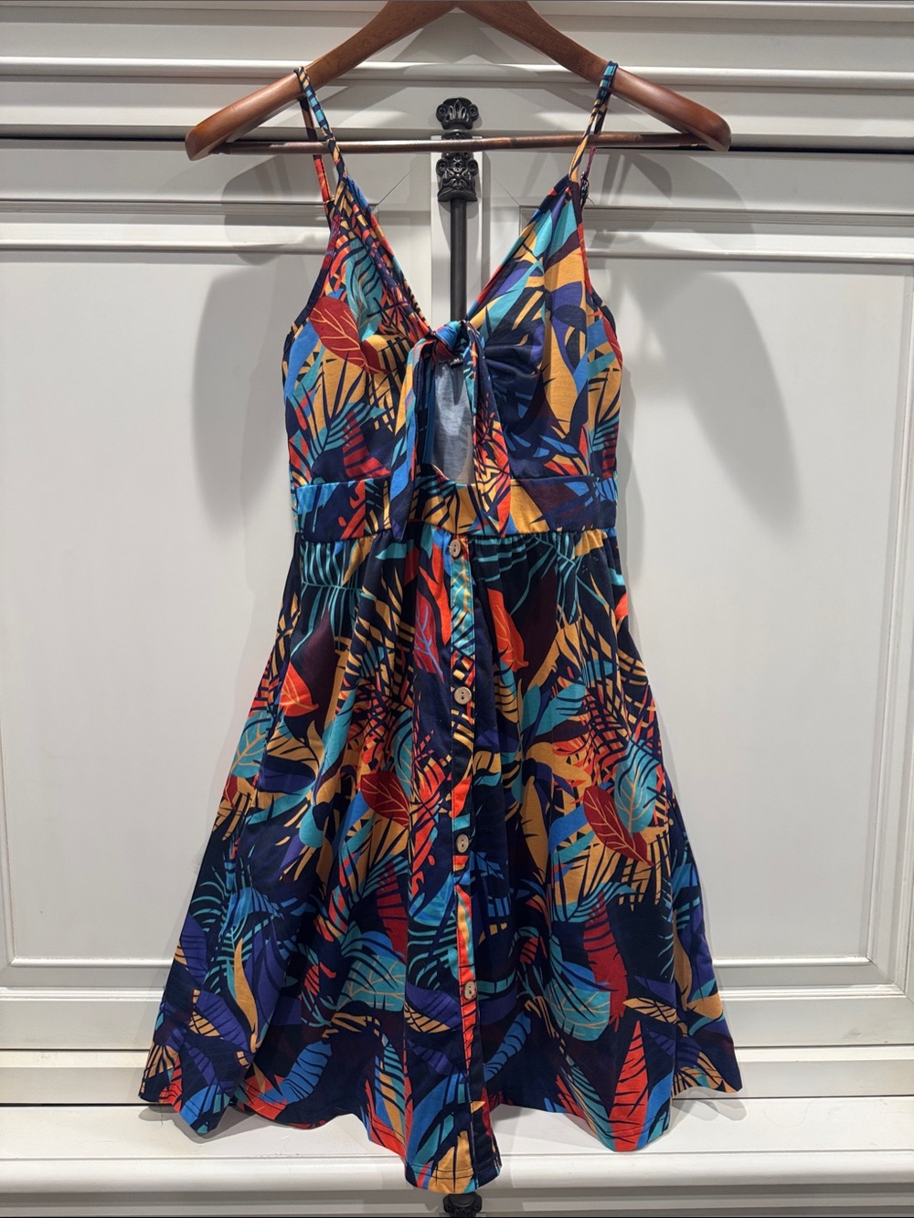 Tropical Tie-Front Midi Dress in Navy Multi